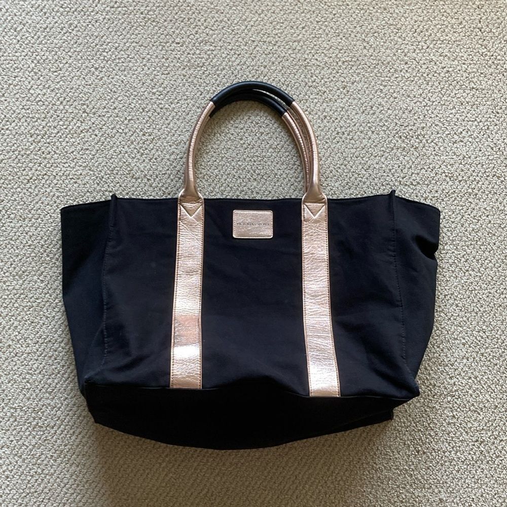 Victoria’s Secret XL Black and Gold Canvas Tote Bag Shoulder Carryall Handbag